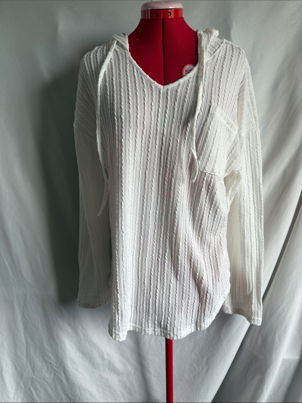 Women's White Textured V-Neck Hooded Pullover